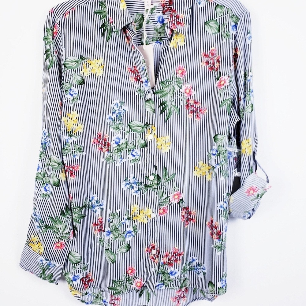 Como‎ Vintage Blue Stripe Floral Button Down Blouse Size Small NWT